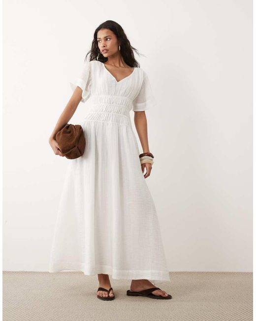 ASOS Natural Smock Maxi Dress With Techy Fabric With Shirred Waist