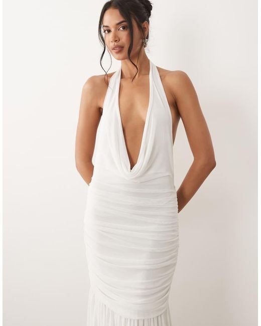 ASOS Natural Plunge Cowl Mesh Maxi Dress With Ruched Drop Waist Detail