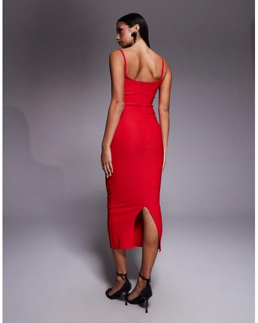 Vesper Red Bengaline Cami Strappy Ruched Bust Midaxi Dress
