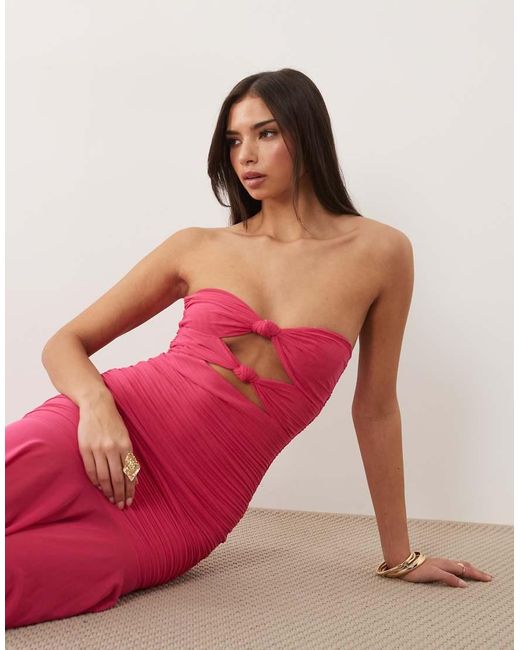 Ruched & Ready Pink Sculpted Mesh Strapless Cut Out Knot Detail Sheer Hem Maxi Dress