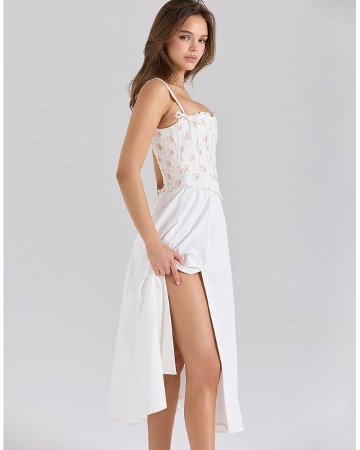 House Of Cb White Clarabelle Rose Print Cotton Detachable Corset Midi Sundress
