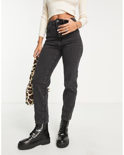 Stradivarius Black Cotton Slim Mom Jeans With Stretch