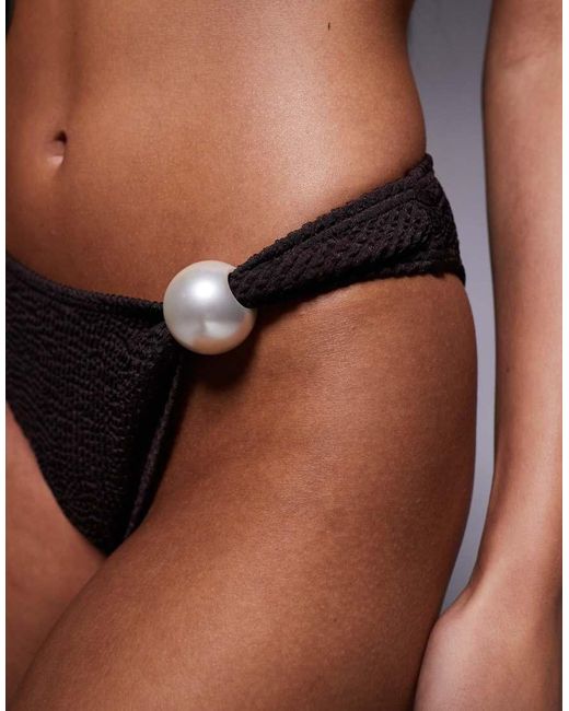 South Beach Brown High Rise Bikini Bottom With Pearl Detail