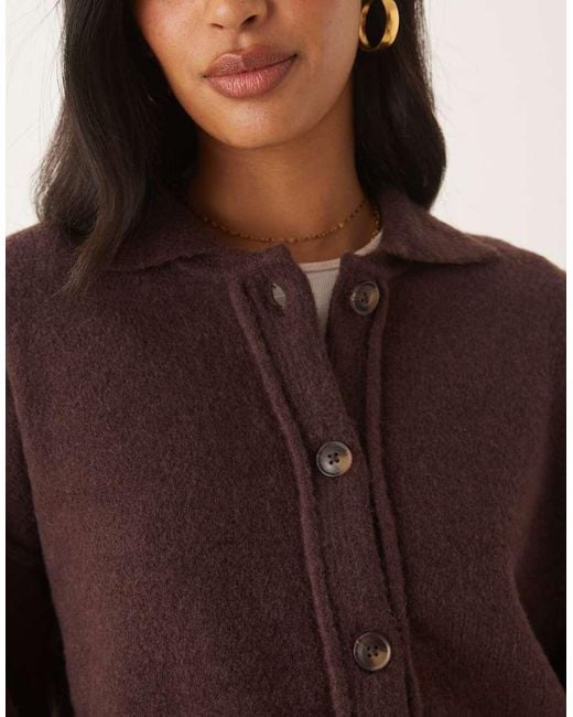 ASOS Brown Knitted Collar Shirt Cardigan With Seam Detail