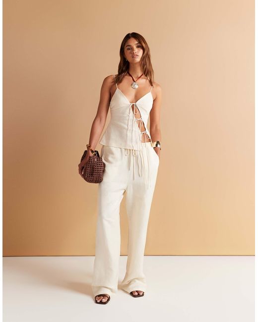 Lioness Natural Mariah Linen Blend Asymmetric Tie Detail Cami Top Co-ord