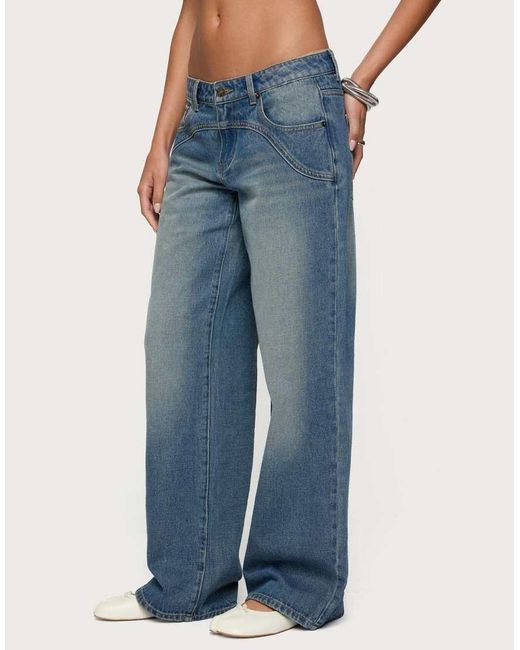 Edikted Blue Ronny Curved Stitch Low Rise Jeans