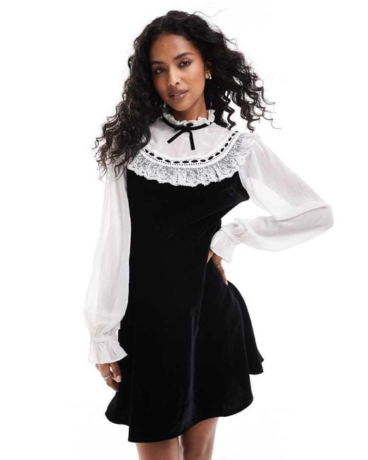 Miss Selfridge Black Embroidered Chiffon And Velvet Mini Dress