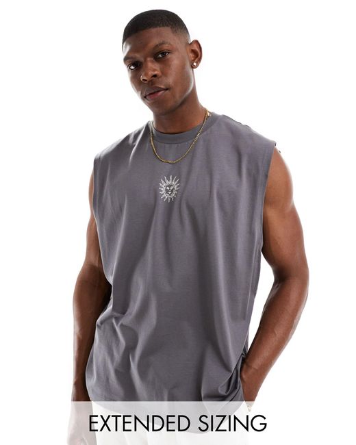 Camiseta gris oscuro extragrande sin mangas con estampado cósmico en el pecho y la espalda ASOS de hombre de color Gray