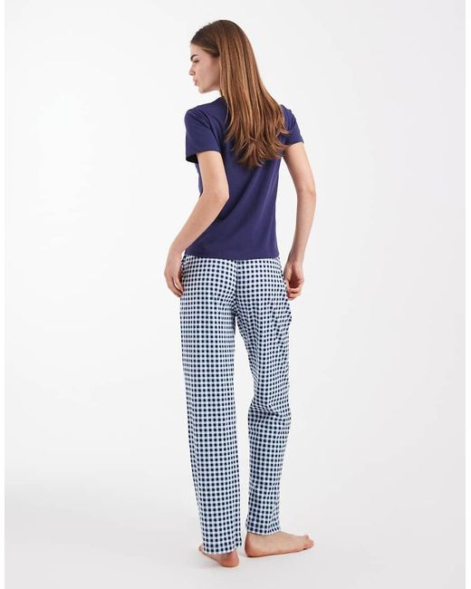 Brave Soul Blue Cotton 'cacio E Pepe' Graphic Print T-shirt And Check Pants Pyjama Set