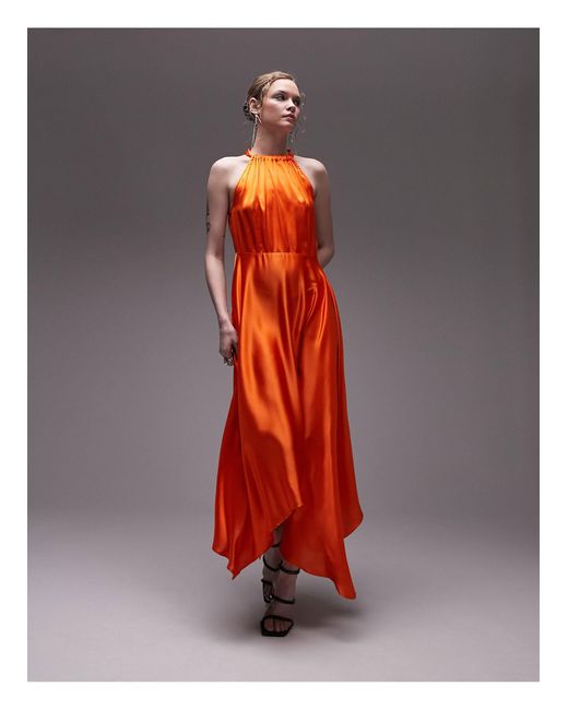 TOPSHOP Orange Halter Hanky Hem Printed Maxi Dress