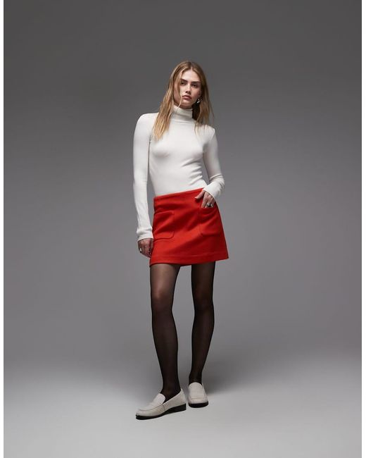 ARKET Red Wool Rich Mini Skirt With Front Pockets