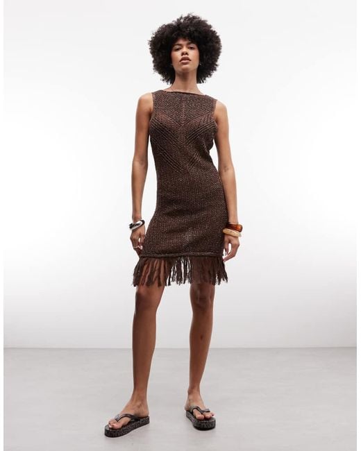 ASOS Brown Knitted Fringe Mini Beach Dress