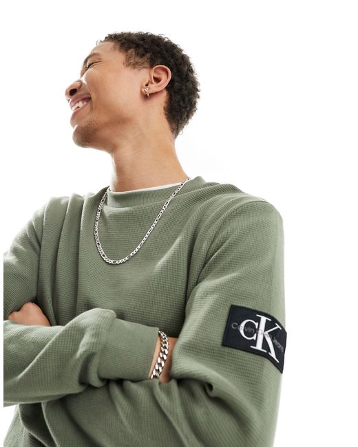 Calvin Klein Green Badge Logo Waffle Long Sleeve T-shirt for men