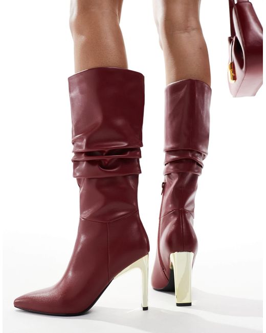 Glamorous Red Ruched Knee Boots With Gold Heel
