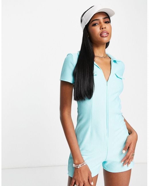 ASOS Synthetic Collar Zip Front 70s Rib Playsuit in Blue Lyst Canada