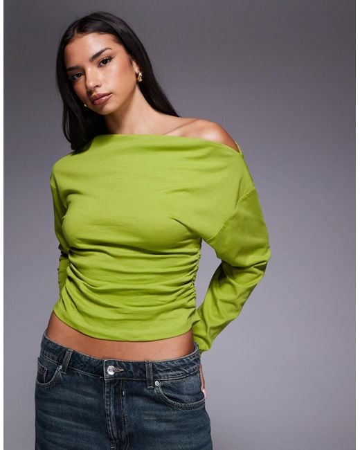 ASOS Green Off Shoulder Cinched Waist Long Sleeve Asymmetric Top