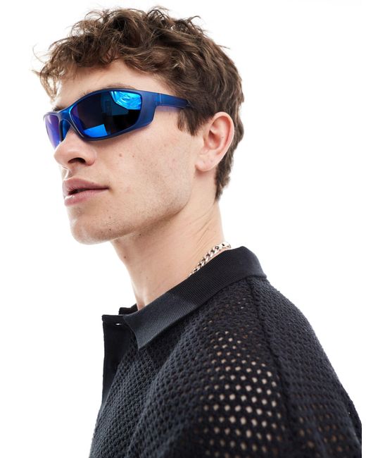 ASOS Blue Racer Sunglasses With Mirrored Lens for men