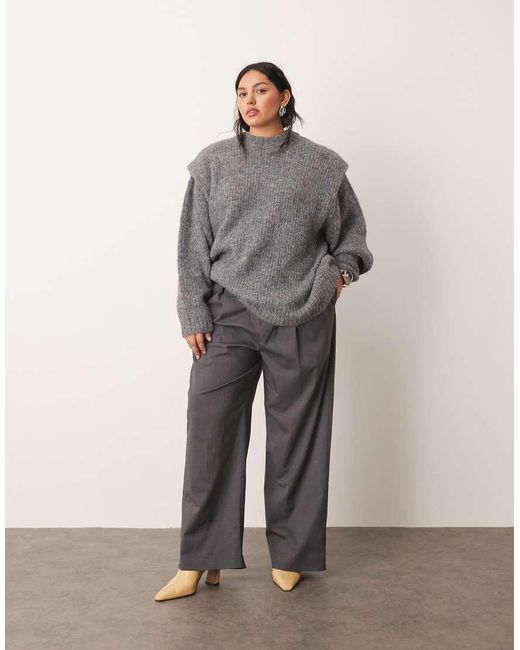 ARRANGE Gray Curve Rib Knitted Shoulder Pad Jumper