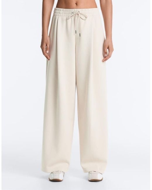 Oysho Natural Wide-leg Piqué Pleat Trousers With Cotton