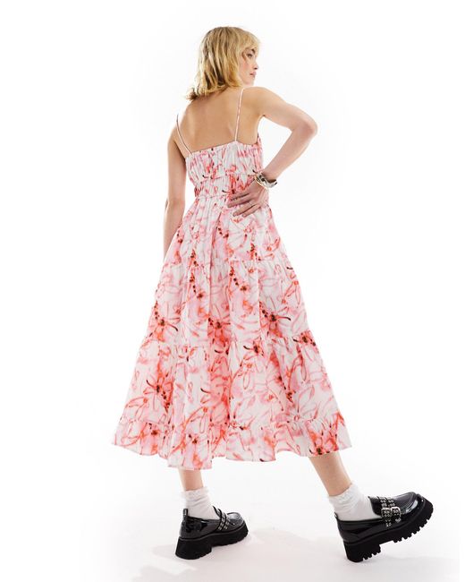 Collusion Pink Floral Print Tiered Cami Midi Summer Dress