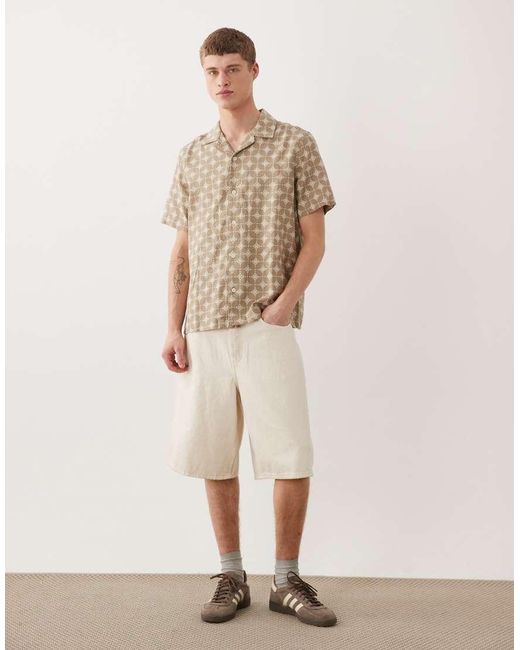 ASOS Natural Regular Fit Camp Collar Linen Blend Shirt With Geo Print for men