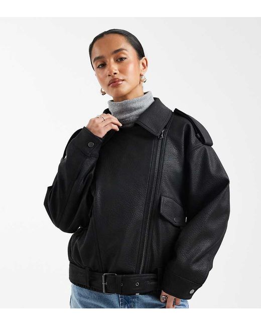 ASOS Black Asos Design Petite Oversized Leather Look Biker Jacket