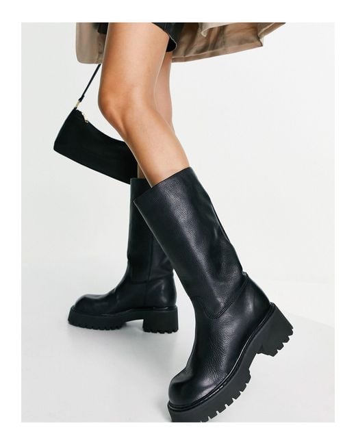 Mango Leather Chunky Riding Boots in Black - Lyst