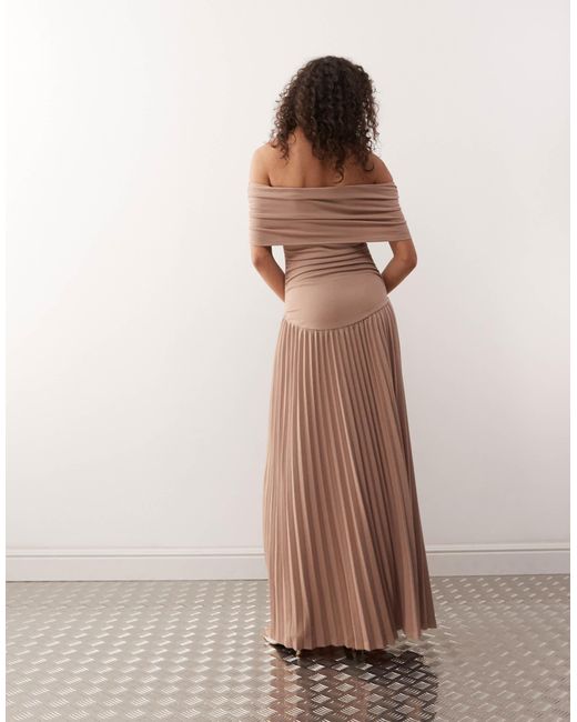 Lioness Natural Field Of Dreams Bardot Ruched Waist Pleated Drop Hem Maxi Dress