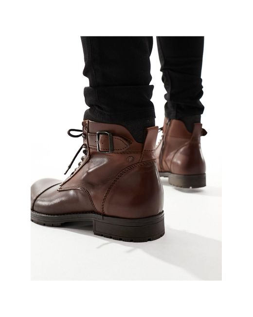 Jack & Jones Black Leather Lace Up Boots With Buckle for men