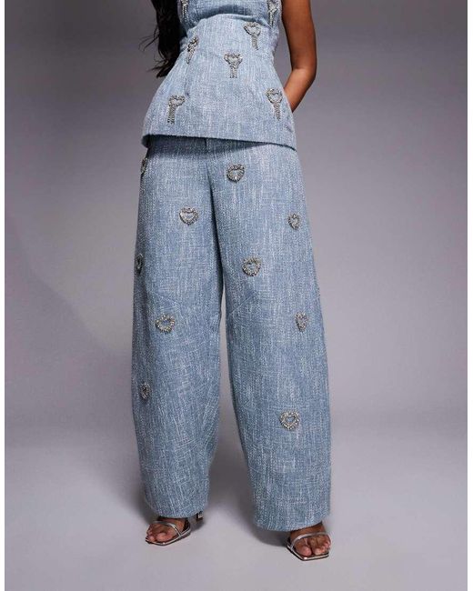 ASOS Blue Co-ord Embellished Heart Barrel Trousers