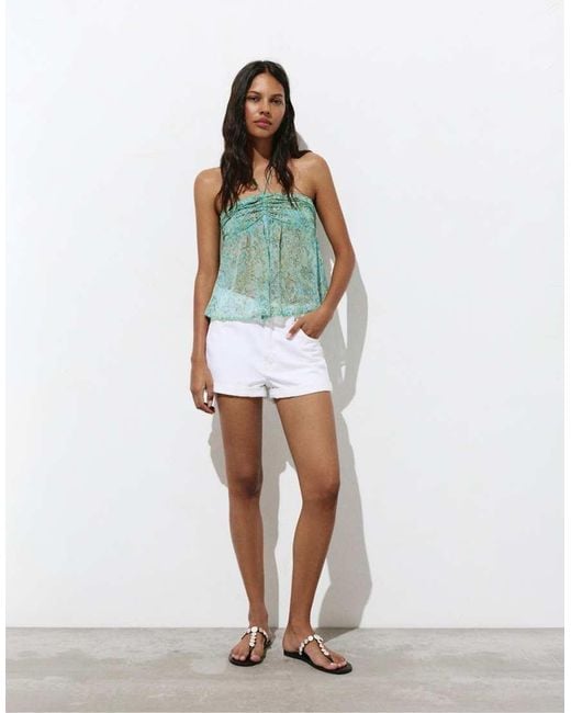 Pull&Bear Green Gathered Beaded Top