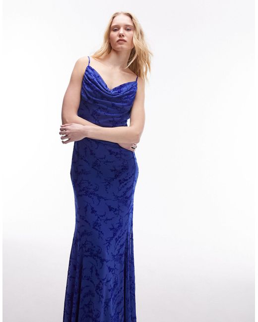 TOPSHOP Blue Cowl Neck Jacquard Maxi Slip Dress