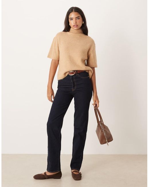 Gina Tricot Natural Short Sleeve Funnel Neck Knitted Wool Alpaca Top