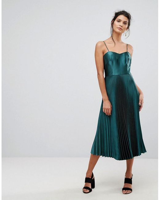 Whistles Satin Pleated Strappy Dress in Green