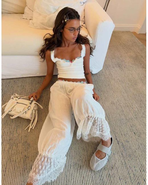 Bershka White Lace Henley Strap Top