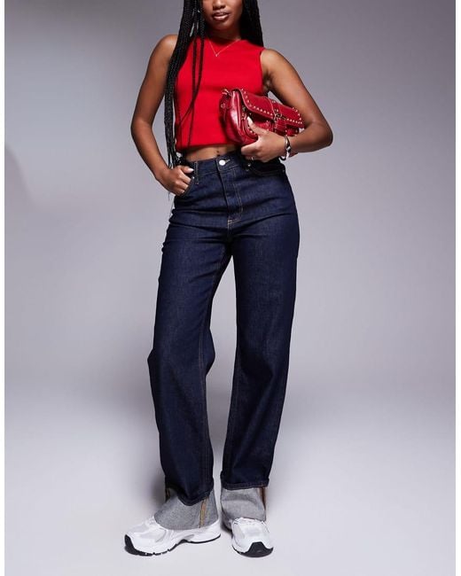 River Island Blue Turn Up Detail Straight Leg Jeans