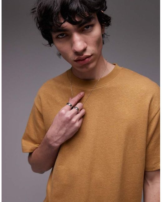 Camiseta Amarillo Mostaza De Corte Extragrande De Mezcla De Lino De Topman de hombre de color Yellow