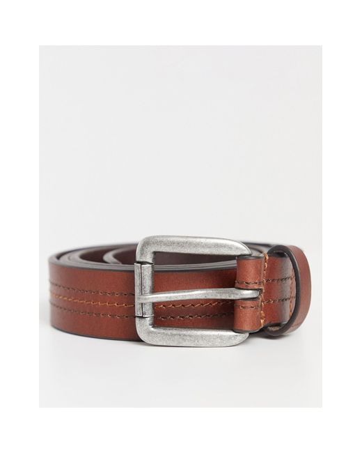 Ceinture Fine En Cuir A Boucle Argentee Et Surpiqures Fauve Cuir Asos Pour Homme En Coloris Marron Lyst