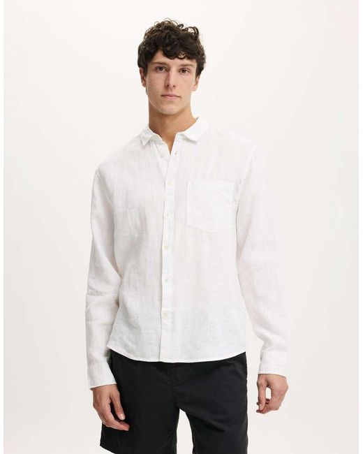 Cotton On White Relaxed Linen Long Sleeve Shirt for men