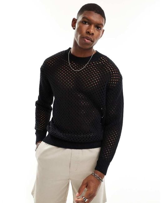 Pull&Bear Black Crochet Knitted Jumper for men
