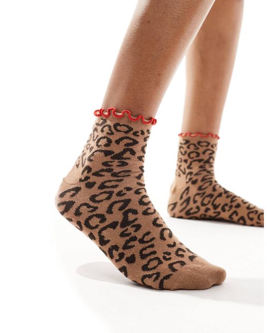 ASOS Brown Leopard Knit Frill Ankle Socks