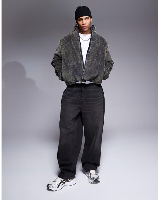 ASOS Gray Acid Washed Cord Puffer Jacket for men