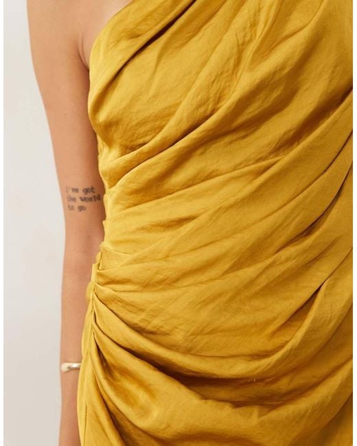 ASOS Metallic One Shoulder Gathered Draped Satin Maxi Dress