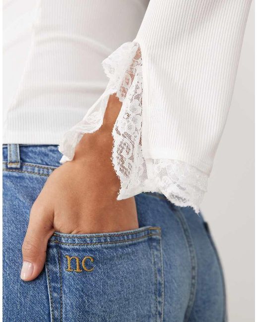 Fashionkilla Blue Exclusive Cotton Rich Lace Trim Ruched Front Flare Sleeve Top