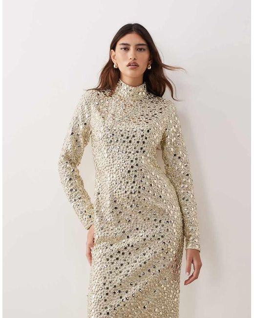 ARRANGE Natural Textural Sequined High Neck Long Sleeve Maxi Dress