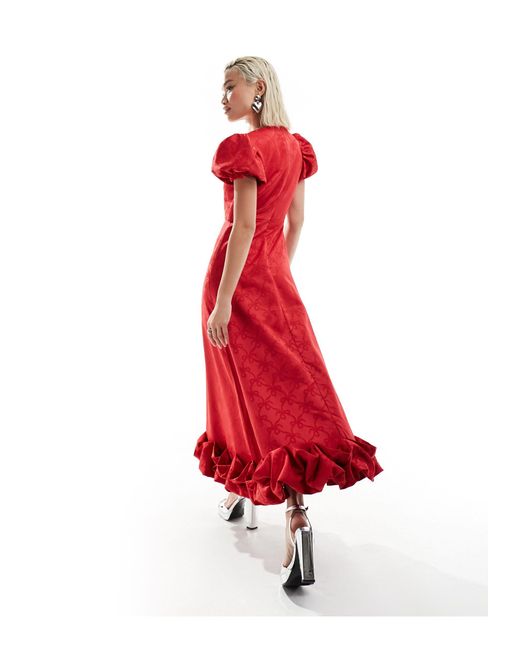 Sister Jane Red Bow Embossed Puff Sleeve Ruffle Hem Midaxi Dress