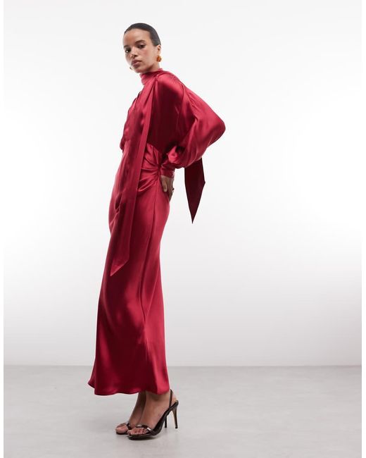 & Other Stories Red Satin Maxi Dress With Volume Sleeves And Detachable Scarf