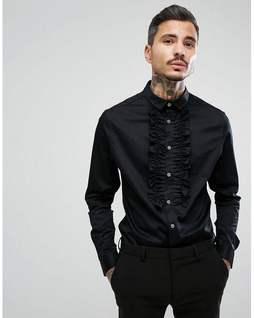 ASOS Skinny Fit Ruffle Front Shirt In Black for men