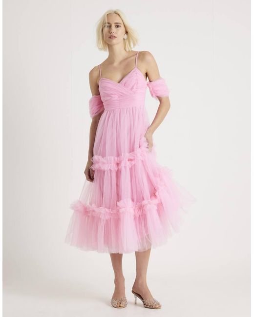 River Island Pink Tulle Ruffle Midi Dress