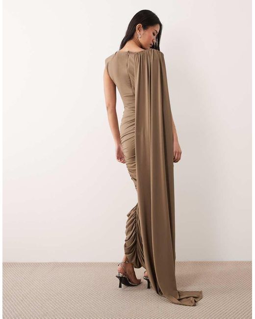 TFNC London Natural Slinky Sleeveless Shoulder Pad Ruched Cape Detail Maxi Dress